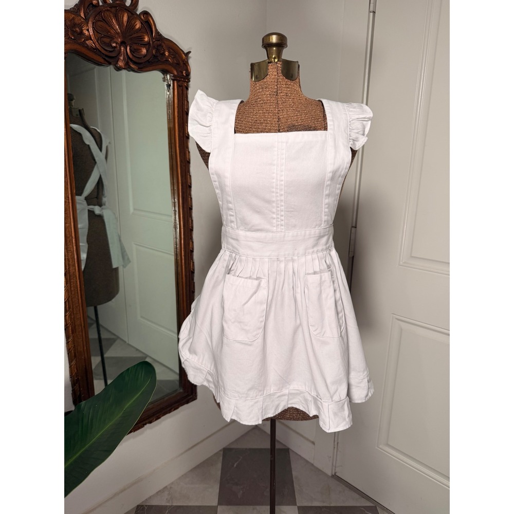 White Denim Ruffle Pinafore Apron Dress Cross Back Cottagecore Mini Pocket
